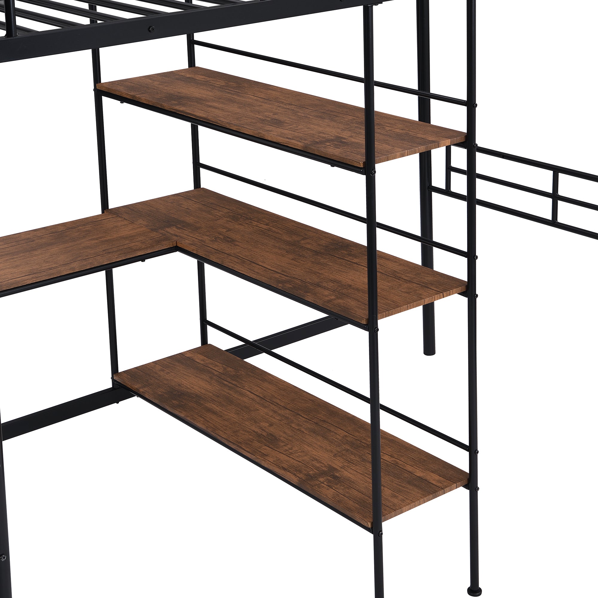 HAOYYE Twin Size Metal Loft Bed and Built-in Desk and Shelves,Black Sturdy Space-Saving Heavy Duty Modern Design Adults Dorm Room Easy Assembly Bedroom Furniture