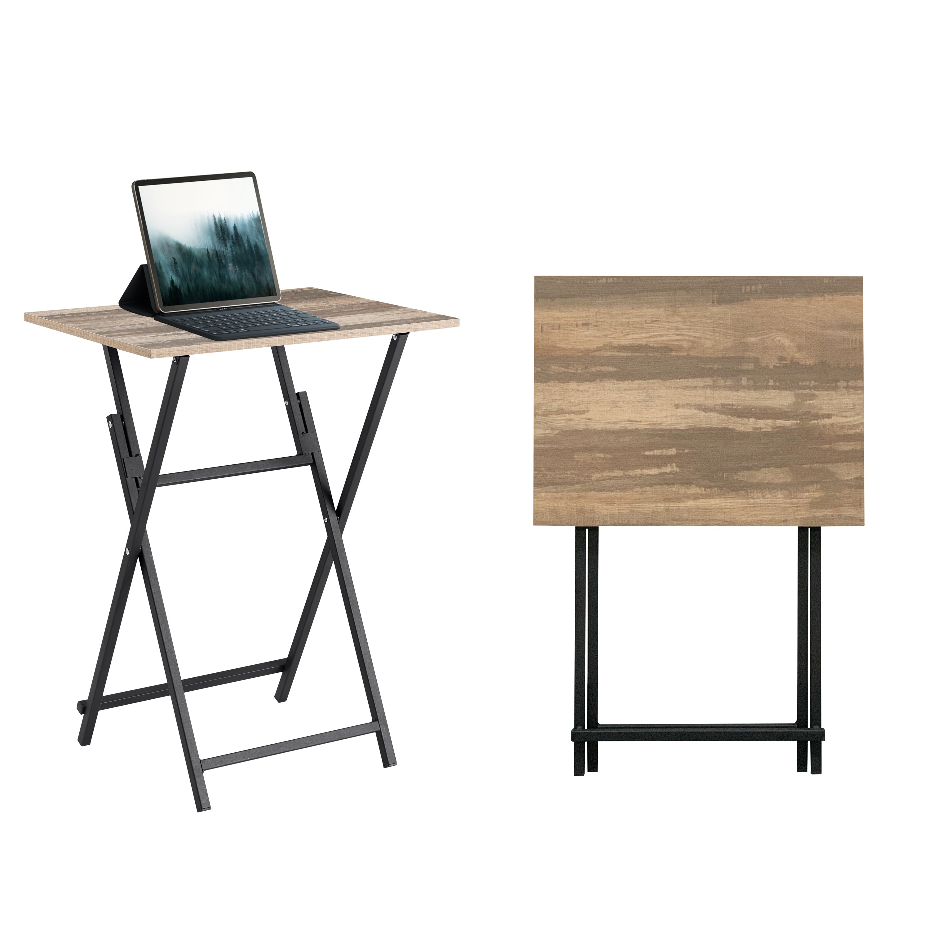 HAOYYE 2-Piece Folding TV Tray Table Noassembly Required Portable Sofa Side Table, Industrial Snack Table for Small Spaces, Space-Saving Easy to Fold Wood Rustic Brown and Black Sturdy Heavy Duty Adults