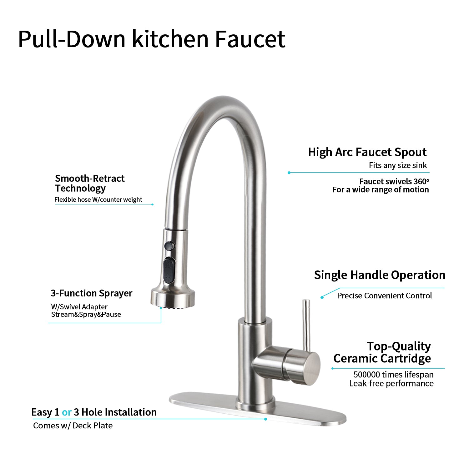 HAOYYE Stainless Steel Pull Down Kitchen Faucet with Soap Dispenser Brushed Nickel Sturdy Space-Saving Heavy Duty Modern Design Adults Dorm Room Easy Assembly Bedroom Furniture