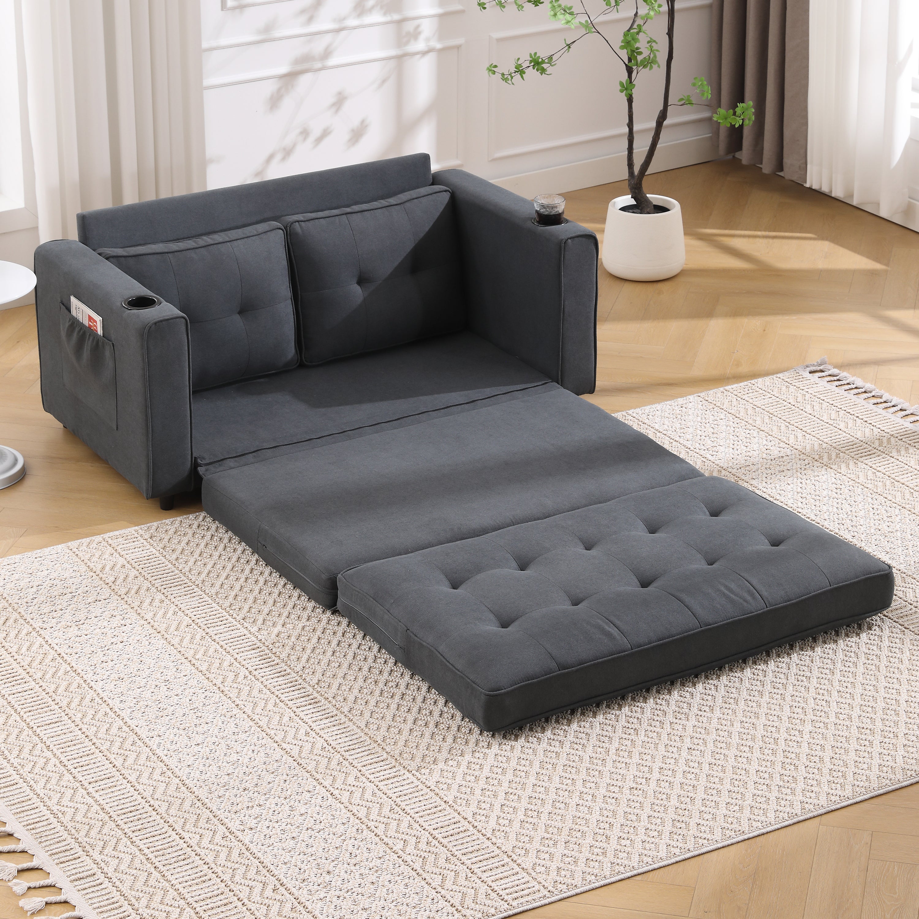 HAOYYE 3-in-1 Upholstered Convertible Futon Sofa Bed, Foldable Tufted Loveseat with Pull-Out Sleeper, Daybed with Side Pockets and Cup Holder, Dark Gray Sturdy Space-Saving Modern Design Easy Assembly