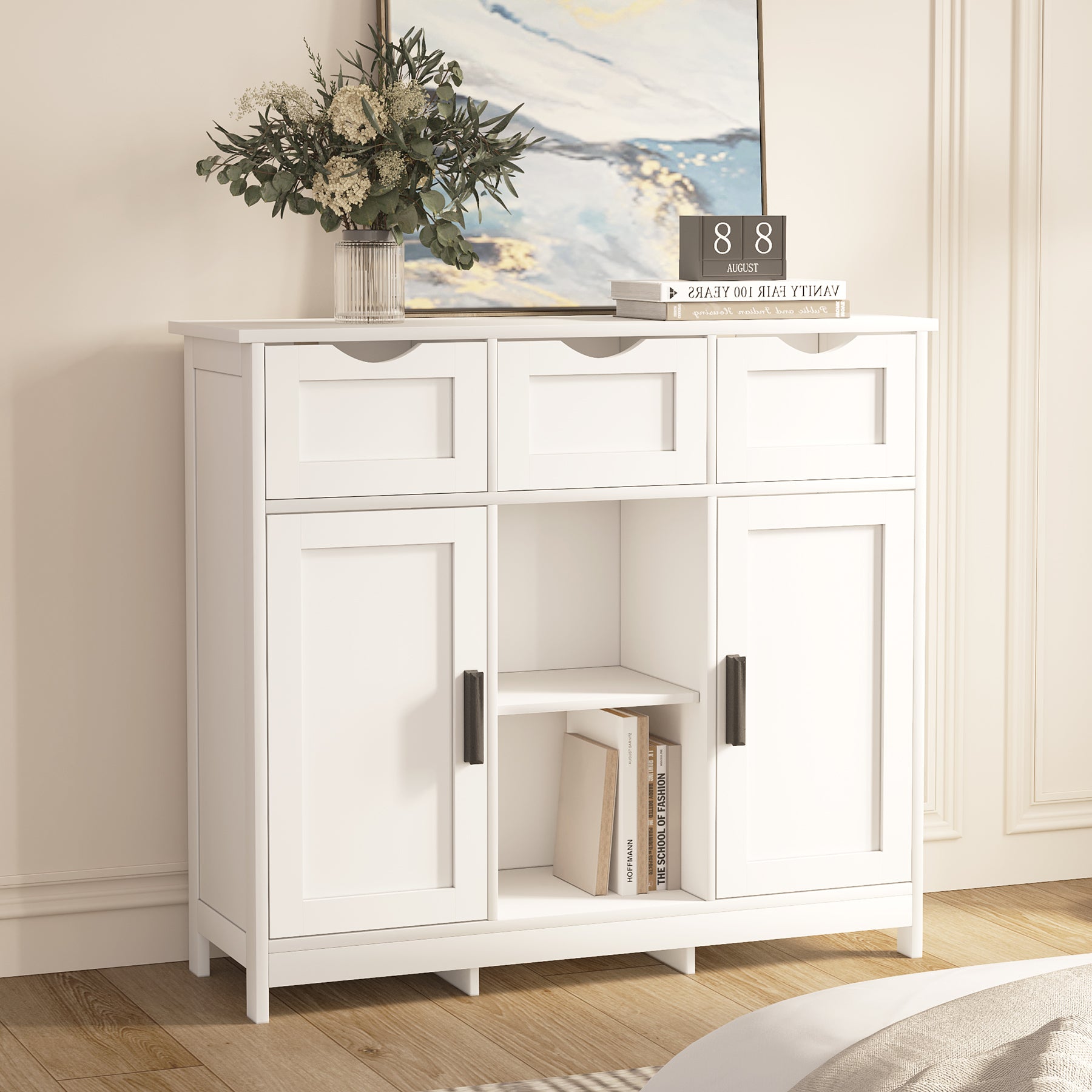 HAOYYE Storage Cabinet With Drawers And Shelves, White Wooden Floor Cabinet, Accent Cabinet For Living Room, Bedroom, Or Bathroom, Sturdy Modern Space-Saving Heavy Duty Design