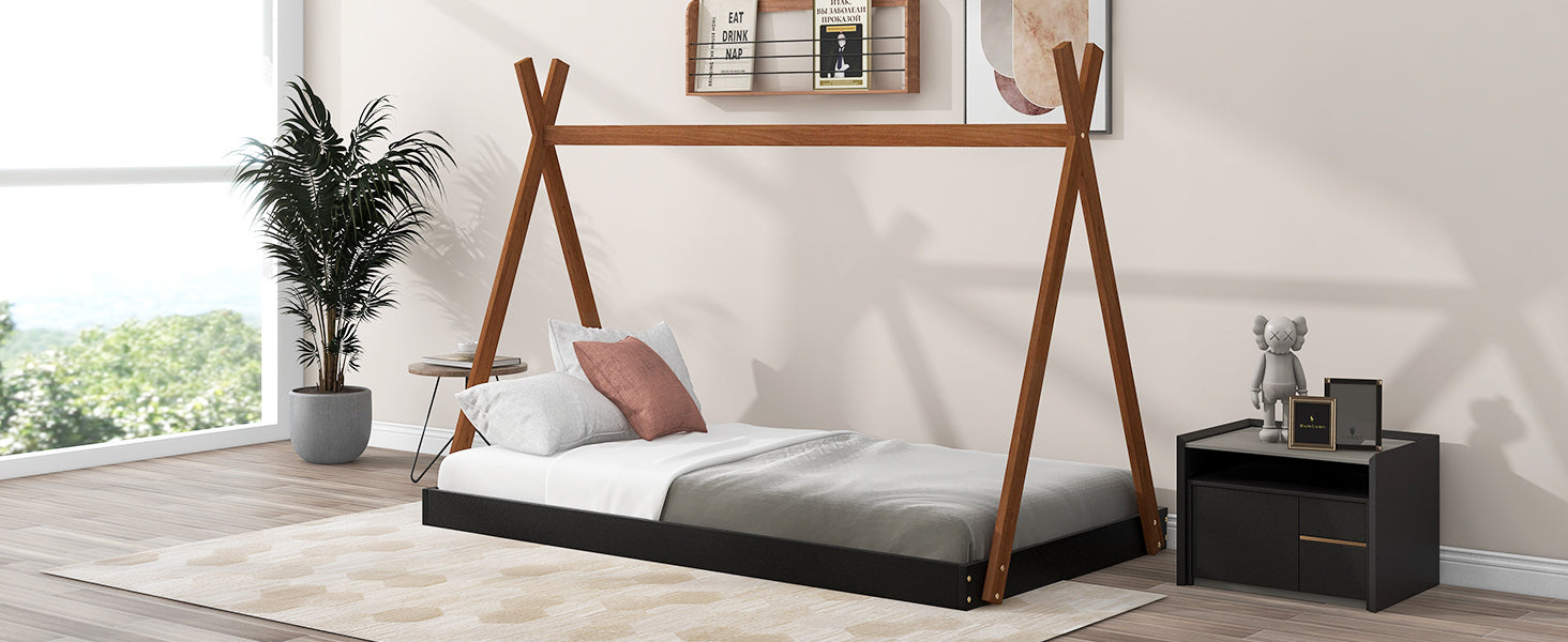 HAOYYE Twin Size Tent Floor Bed with Triangle Structure, Black+Brown Sturdy Space-Saving Heavy Duty Modern Design Easy Assembly Durable Stylish Home Furniture Versatile