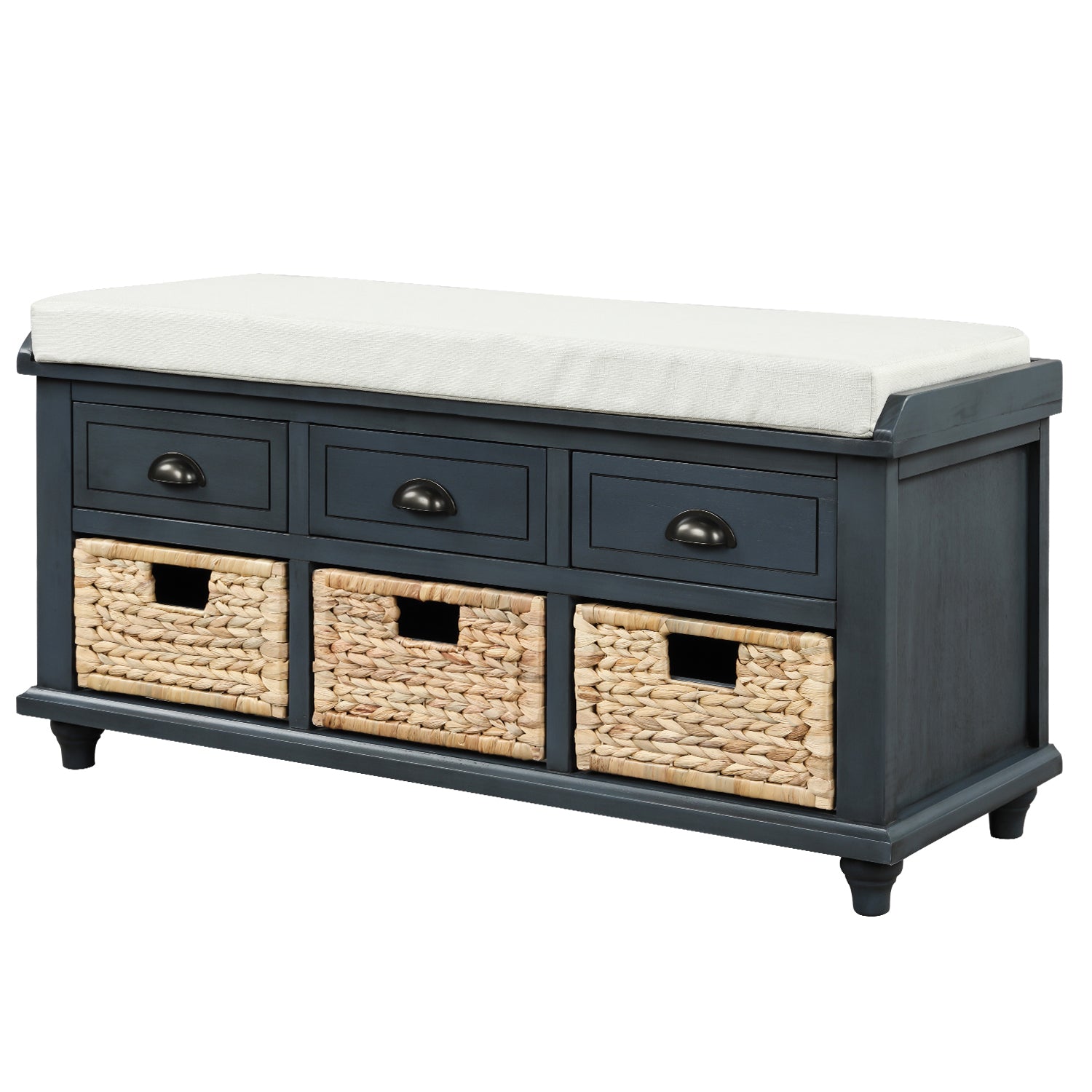 HAOYYE Rustic Storage Bench with Three Drawers and Three Rattan Baskets, Shoe Bench for Living Room or Entryway, Antique Navy, Sturdy Space-Saving Design, Heavy Duty Construction, Easy Assembly, Durable and Stylish Home Furniture