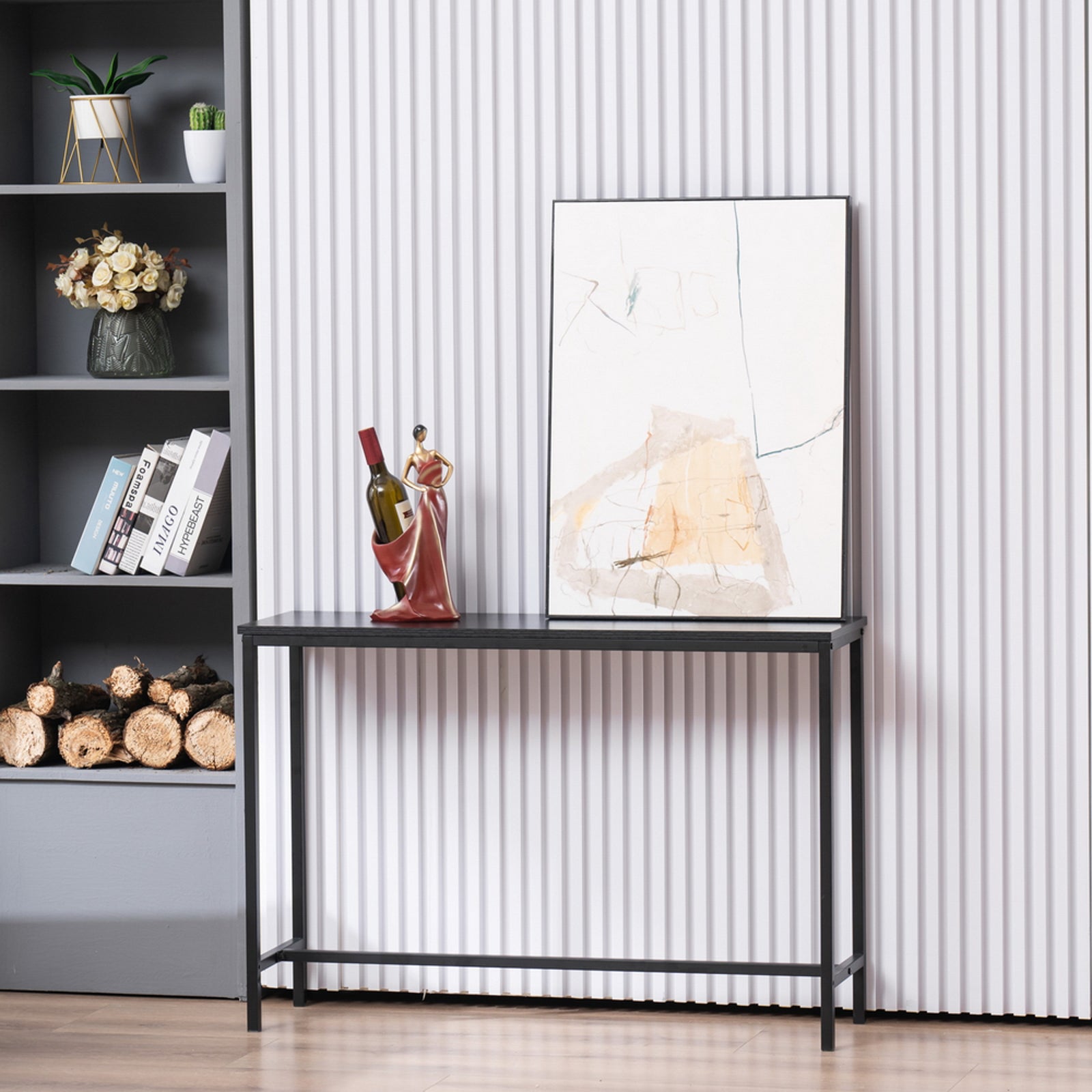 HAOYYE Industrial Style Porch Table Black Oak Triamine Board Single Layer Sturdy Design Durable Multifunctional Modern Home Organizer Practical Stylish Space-Saving Storage Solution for Entryway and Hallway