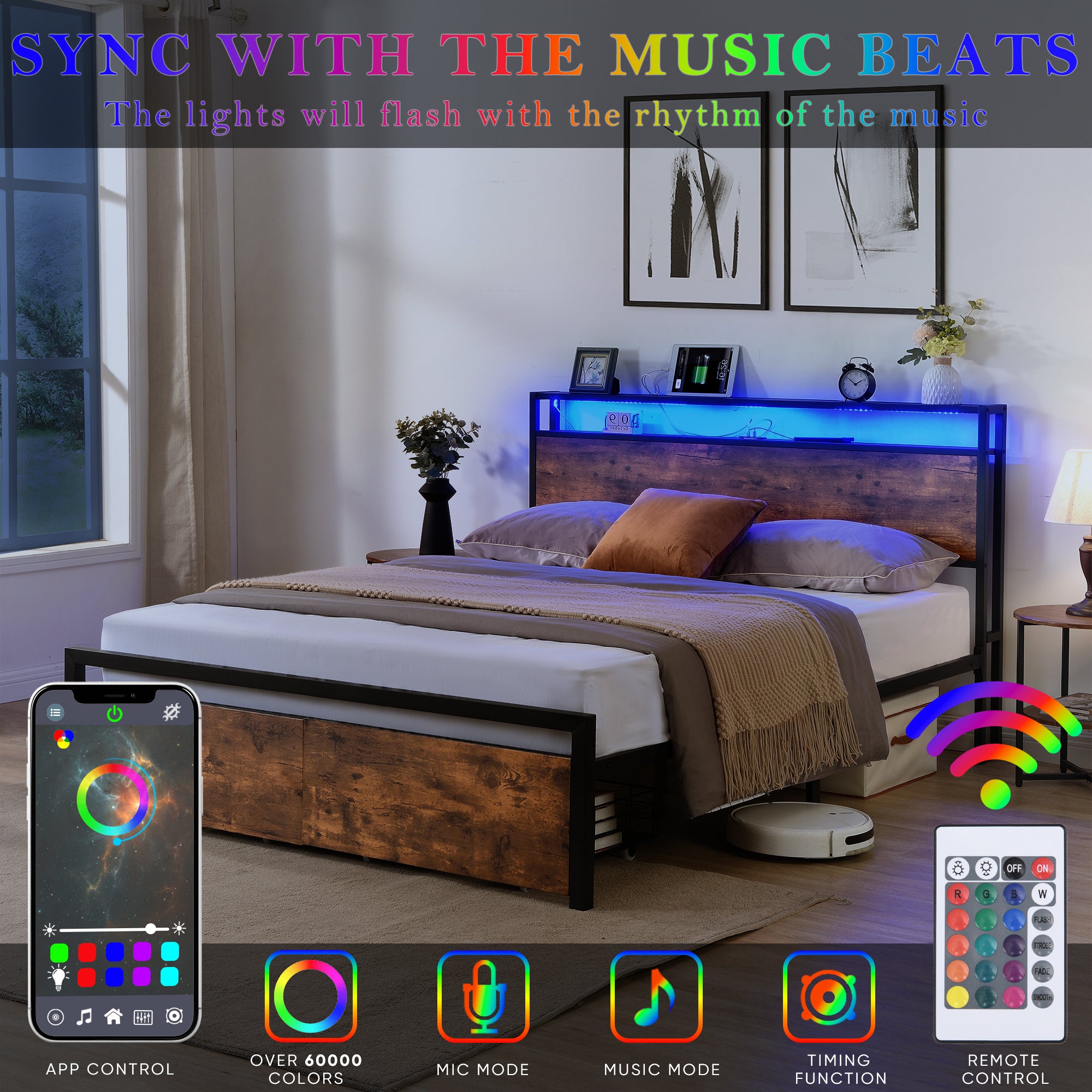 HAOYYE Full Size Bed Frame with Storage Headboard and 2 Drawers, LED Lights Bed with Charging Station, Metal Platform Bed No Noise, Mattress Foundation Strong Metal Slats Support No Box Spring Needed Sturdy