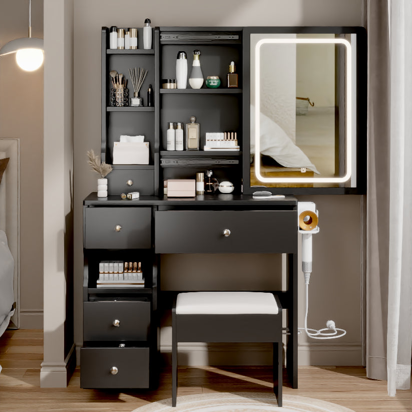 HAOYYE Compact Vanity Table With Left Drawer, Cushioned Stool, Built-In Power Station With 2 AC & 2 USB Ports, Hair Dryer Bracket, Touch-Control Sliding LED Mirror With Adjustable Brightness And Tri-Color Lighting
