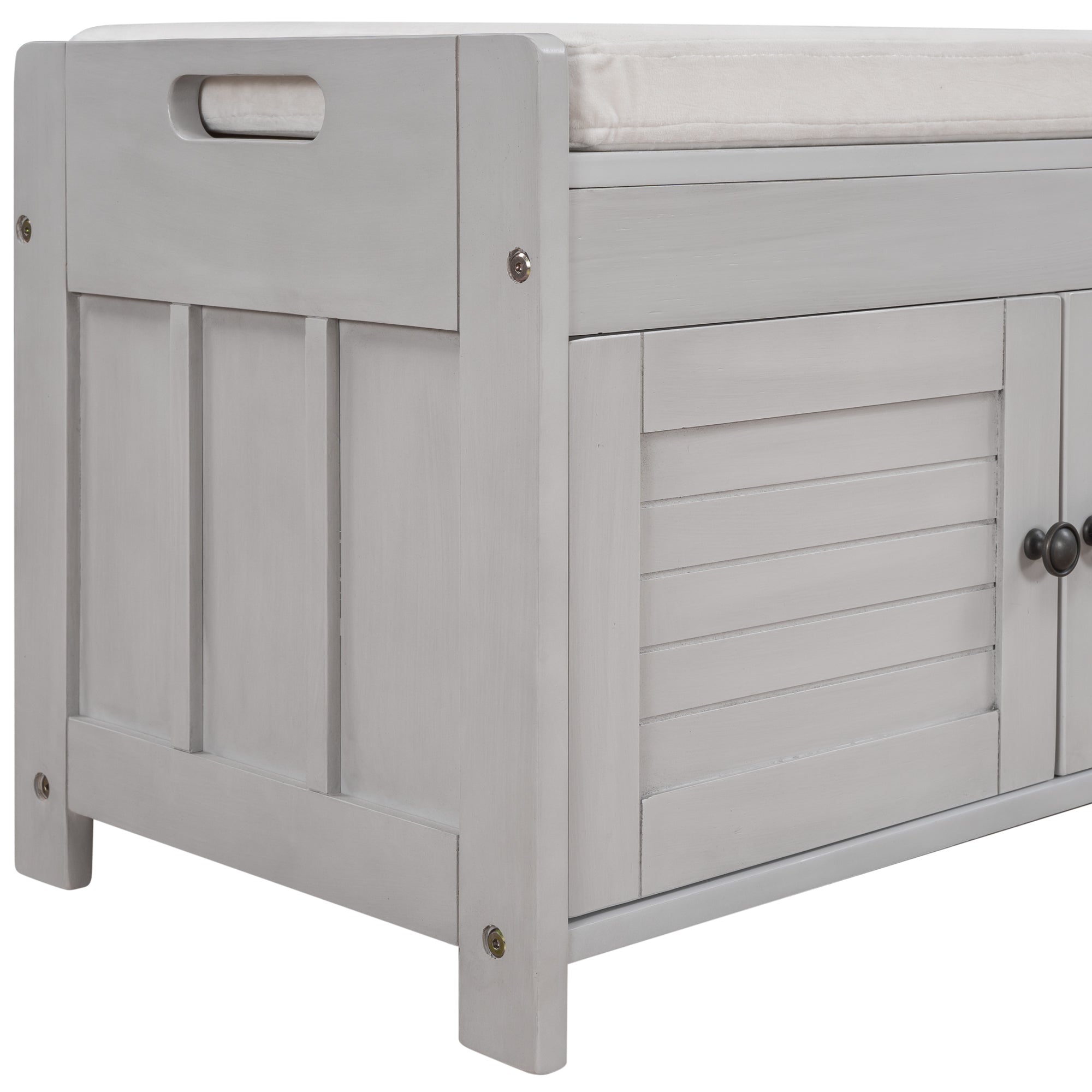 HAOYYE Storage Bench with 3 Shutter-shaped Doors, Shoe Bench with Removable Cushion and Hidden Storage Space (Gray Wash, OLD SKU: WF284226AAE) Sturdy Space-Saving Heavy Duty Modern Design Adults