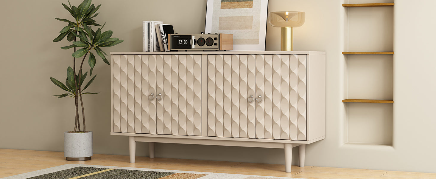 HAOYYE Modern 4-door Sideboard with Convex Pattern Doors and 2 Silver Handle for Living Room, Dining Room, Kitchen (Almond) Sturdy Space-Saving Heavy Duty Modern Design Easy Assembly Durable Stylish