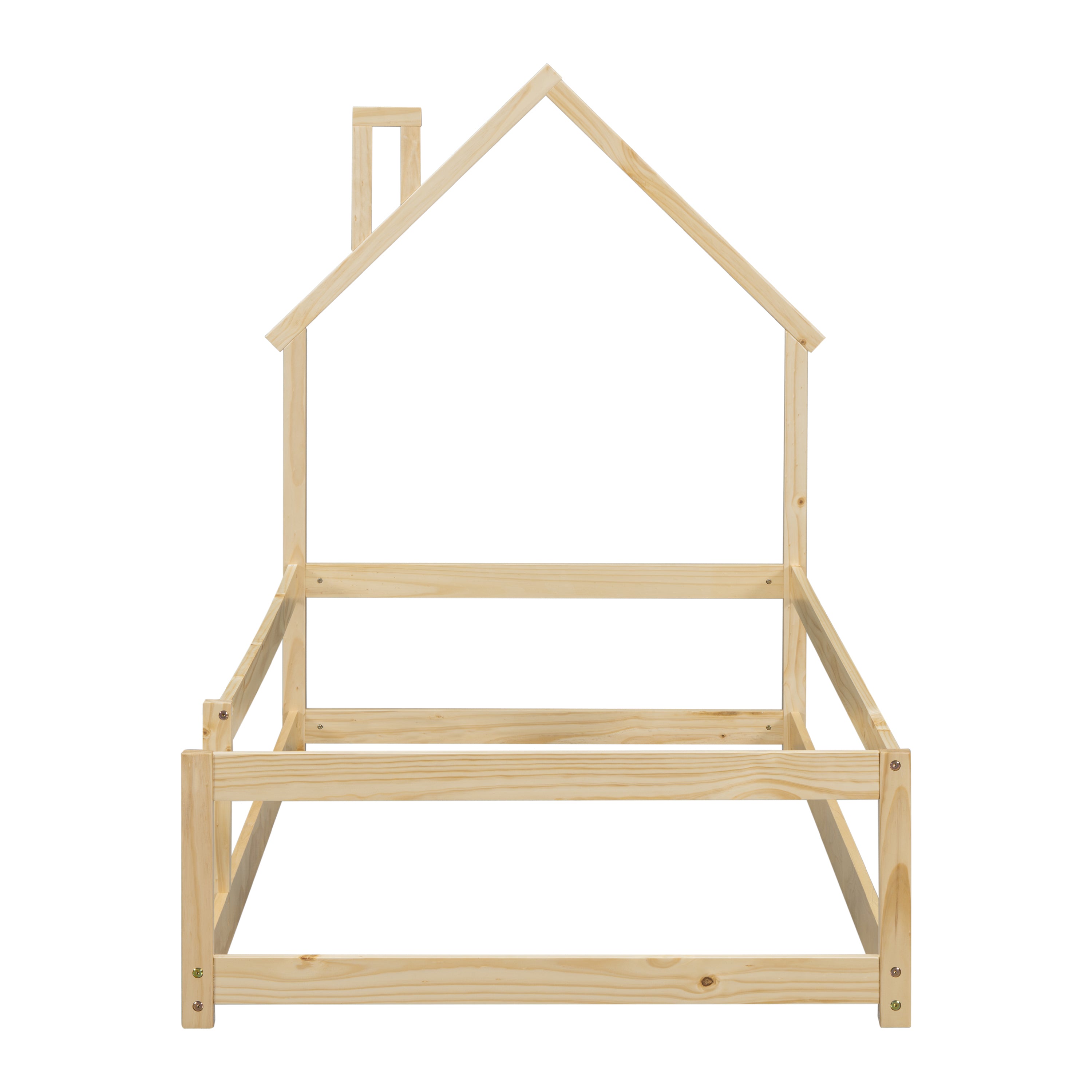Haoyye Twin Size Wood Bed with House-Shaped Headboard, Floor Bed Frame with Fences and Guardrails, Low Platform Design for Bedroom or Dorm, Sturdy Pine Construction, Space-Saving and Heavy Duty, Easy Assembly, Ideal for Cozy Sleeping Spaces