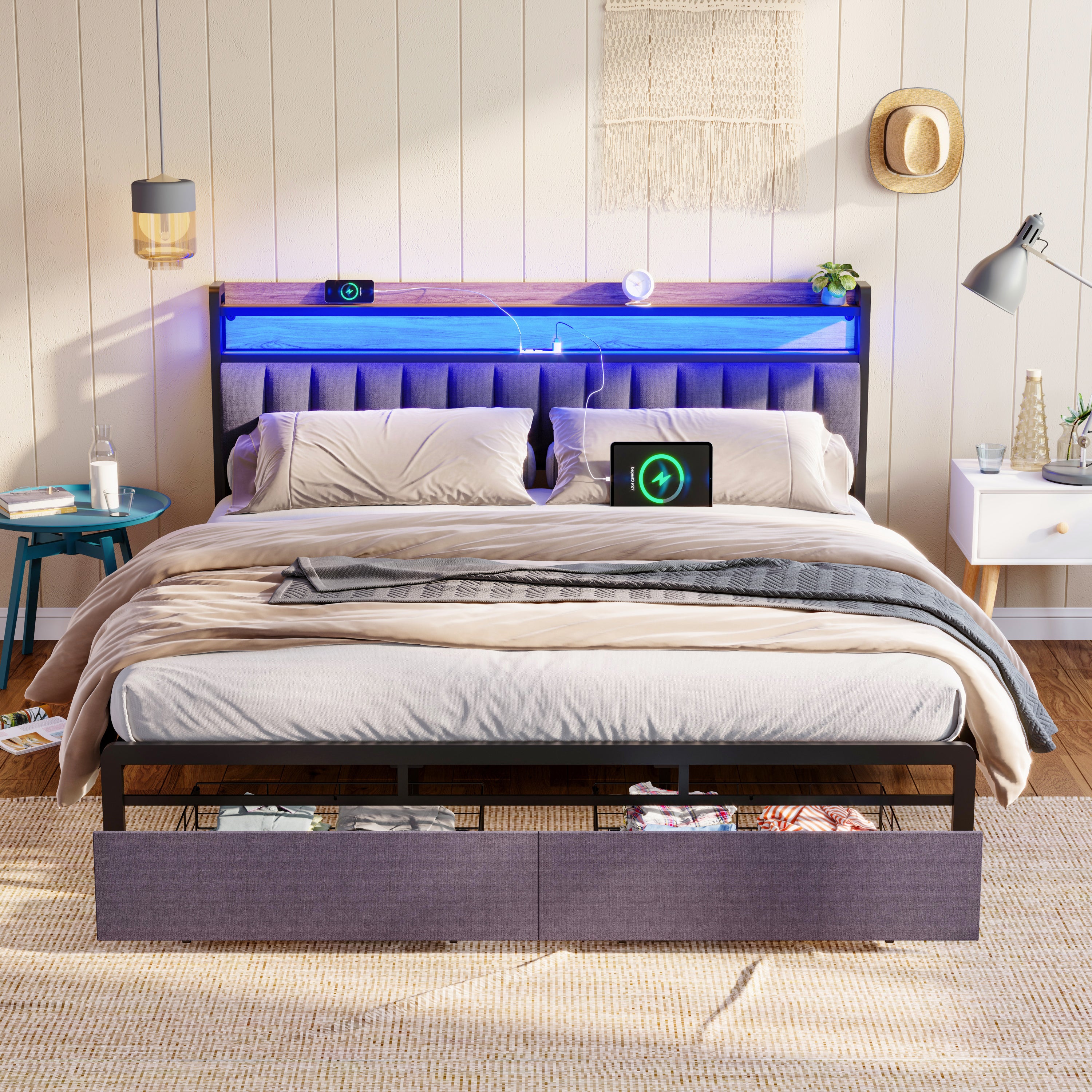 HAOYYE King Bed Frame with Storage Headboard, Drawers, LED Lighting, and Built-in Charging Station, Modern Upholstered Platform Design, Sturdy Space-Saving Grey Construction, No Box Spring Needed, Easy Assembly