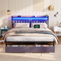 HAOYYE King Bed Frame with Storage Headboard, Drawers, LED Lighting, and Built-in Charging Station, Modern Upholstered Platform Design, Sturdy Space-Saving Grey Construction, No Box Spring Needed, Easy Assembly