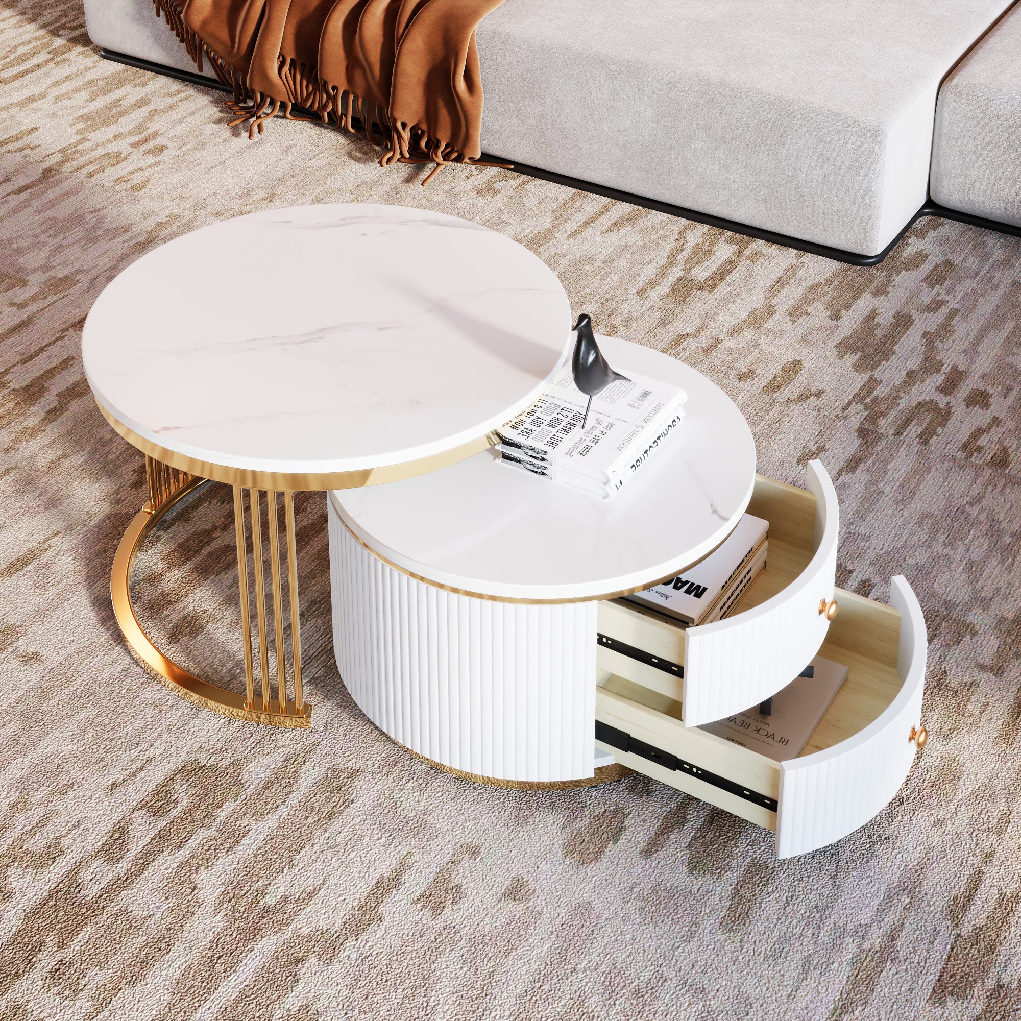 HAOYYE Modern 2-Piece White Round Nesting Coffee Table with Drawers, Sturdy and Space-Saving Design, Heavy Duty Construction, Ideal for Living Room, Bedroom, and Dorm Rooms, Easy Assembly for Adults