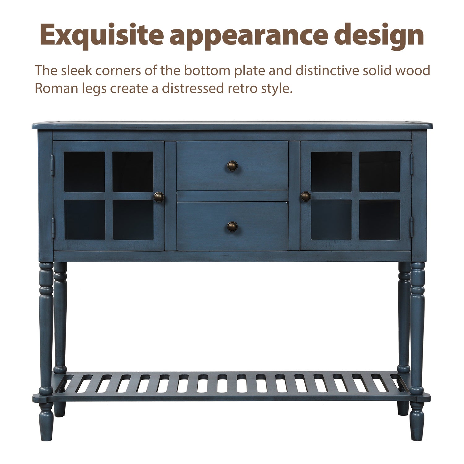 HAOYYE Sideboard Console Table with Bottom Shelf, Farmhouse Wood/Glass Buffet Storage Cabinet Living Room (Antique Navy) Sturdy Space-Saving Heavy Duty Modern Design Easy Assembly Durable Stylish