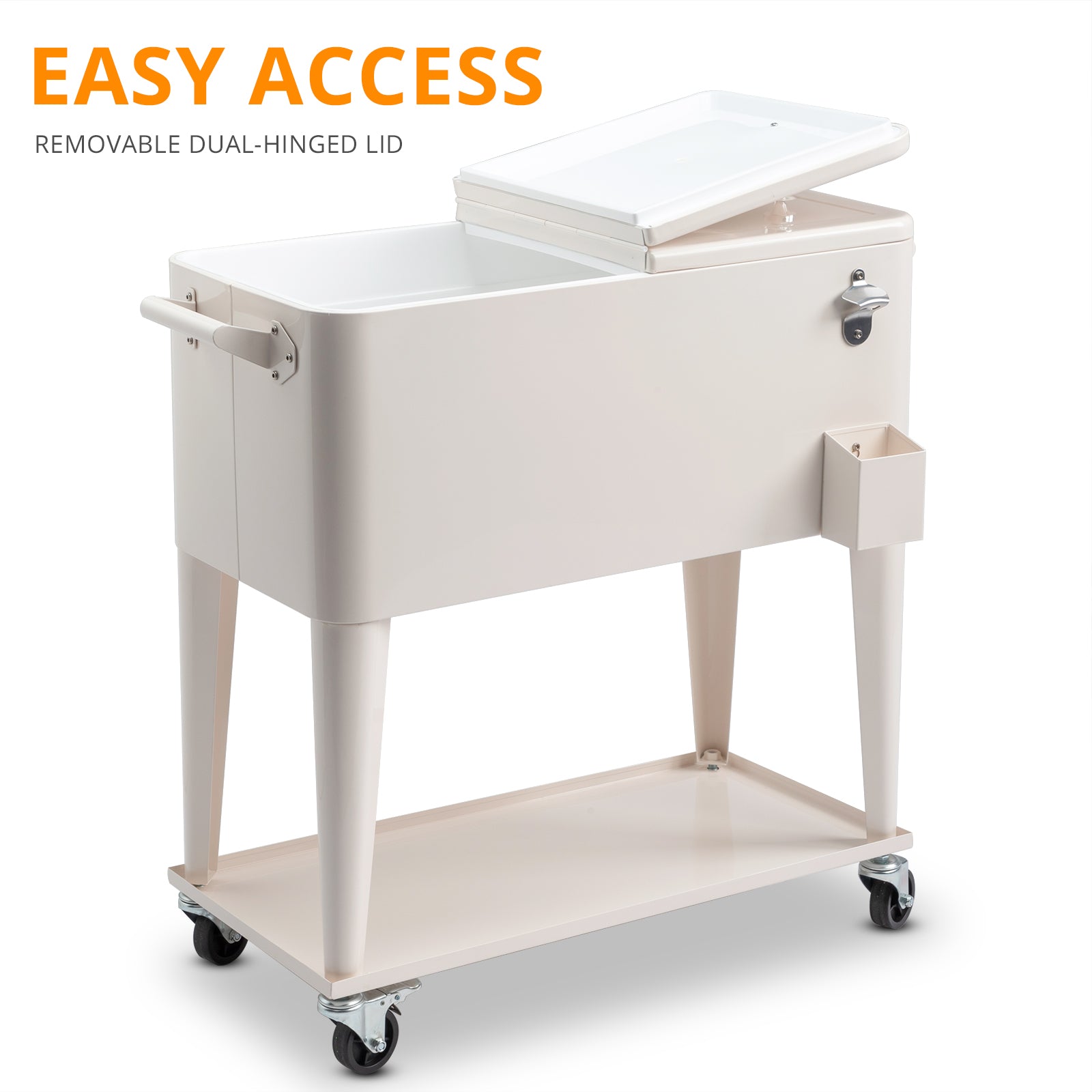 HAOYYE Milk White Rolling Cooler Cart Outdoor Beverage Tub with Bottle Opener Cap Catcher Insulated Ice Chest on Wheels Locking Casters for Patio Pool Party BBQ Camping