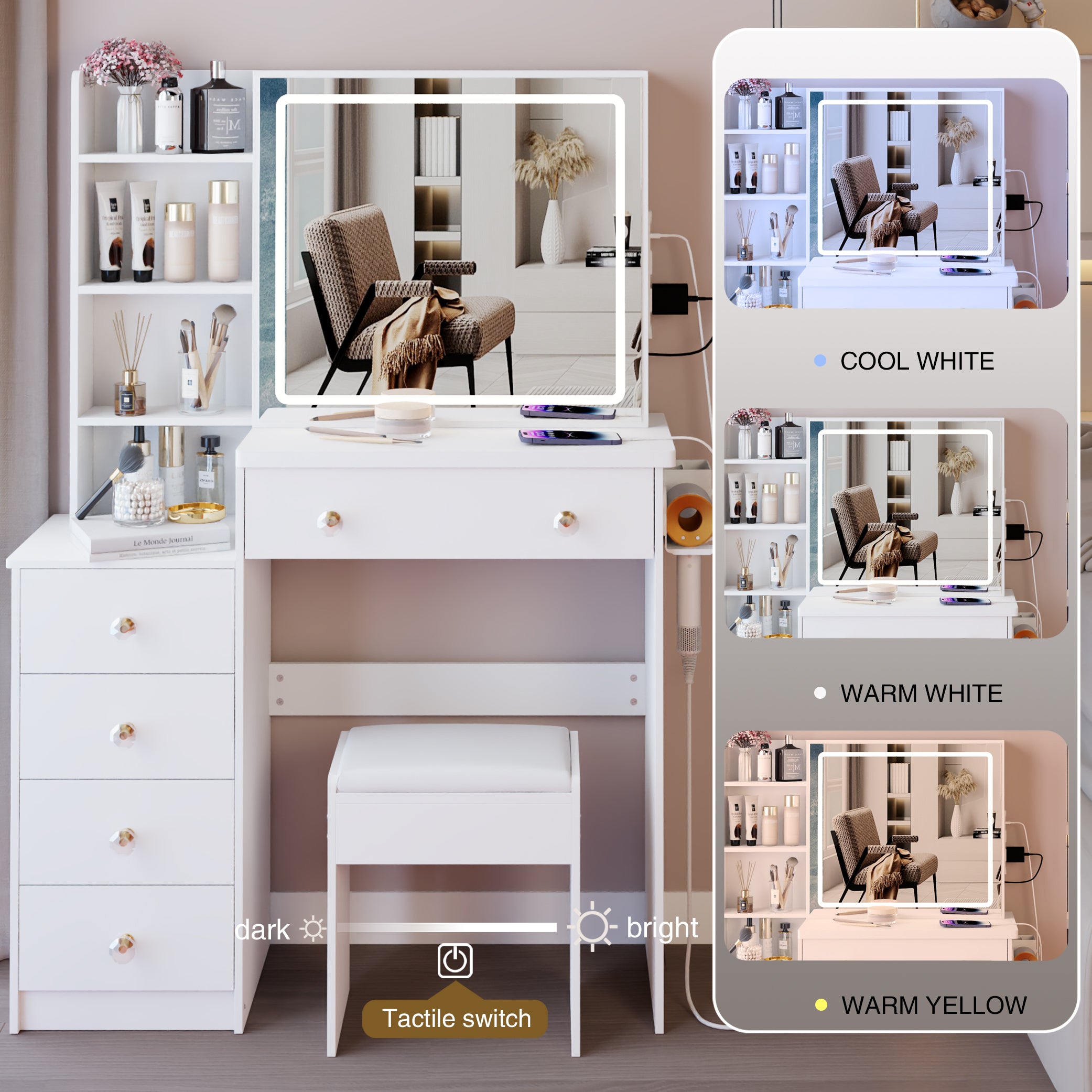 HAOYYE 37" Middle Size Left Bedside Cabinet Vanity Table + Cushioned Stool Dresser Set, 2 AC+2 USB Socket, Hair Dryer Stand, Large Touch Control LED Sliding Mirror, 3-color Switch, EPA, GCC, UL Certificate