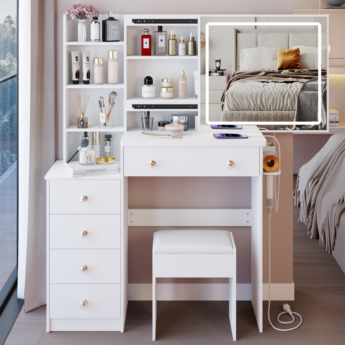 HAOYYE 37" Middle Size Left Bedside Cabinet Vanity Table + Cushioned Stool Dresser Set, 2 AC+2 USB Socket, Hair Dryer Stand, Large Touch Control LED Sliding Mirror, 3-color Switch, EPA, GCC, UL Certificate