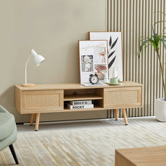 HAOYYE 55.12" Rattan TV cabinet, double sliding doors for storage, adjustable shelf, solid wood legs, TV console for living room ,natural Sturdy Space-Saving Heavy Duty Modern Design Adults Dorm Room