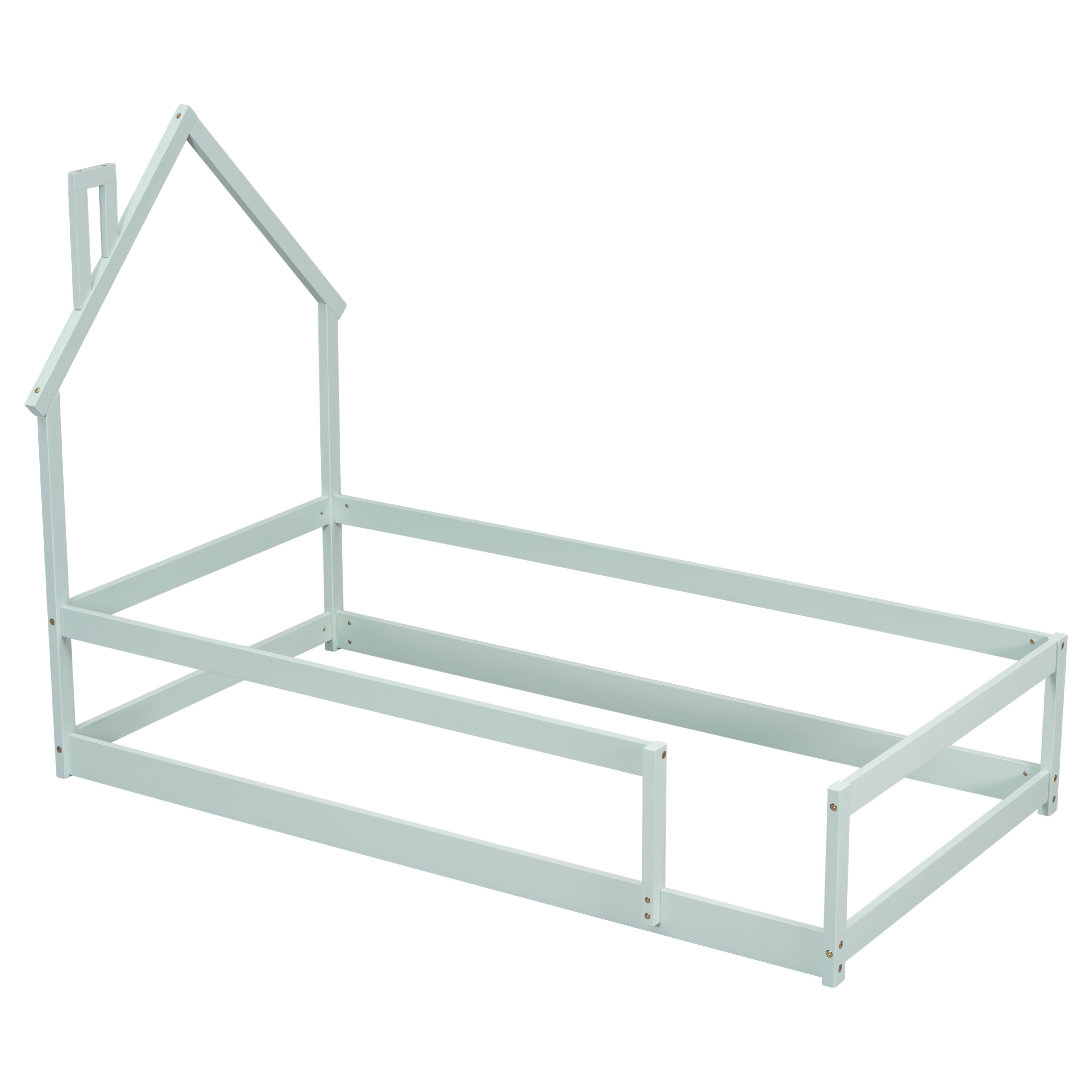 HAOYYE Twin Size Wood Bed with House-Shaped Headboard, Floor Bed with Fences,Sturdy Space-Saving Heavy Duty Modern Design, Easy Assembly for Bedroom or Dorm Room