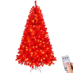 HAOYYE Red Artificial Christmas Tree with 1100 Branch Tips, 400 LED Lights, Pre-Lit Hinged Xmas Pine Tree with Remote Control for Holiday Home Office Party Decorations, Easy Setup, Durable Flame-Retardant PVC, Festive Centerpiece