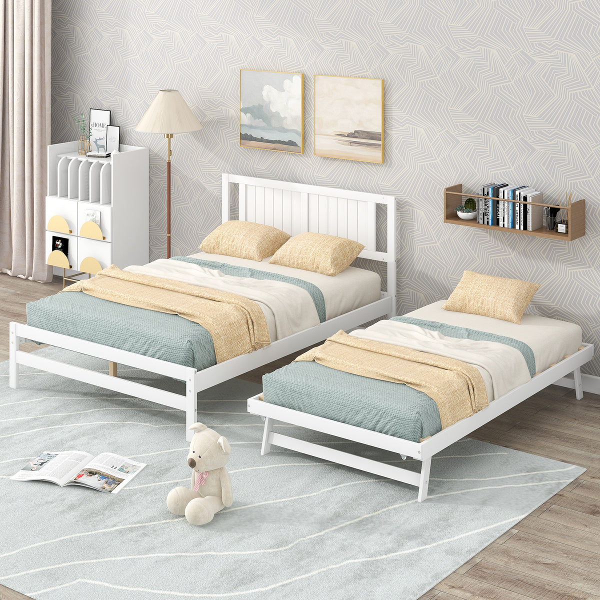 HAOYYE Full Size Platform Bed with Adjustable Trundle, White, Space-Saving Modern Design, Sturdy and Heavy-Duty Wood Frame, Ideal for Guest Room, Apartment, or Dorm, Easy Assembly Bedroom Furniture