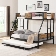 HAOYYE Twin Over FULL Metal Bunk Bed with Trundle 2 - Side Ladder and Full-Length Guardrail, No Box Spring Needed, Large Under Bed Storage, Easy Assemble , Black & Brown Sturdy Space-Saving Heavy Duty
