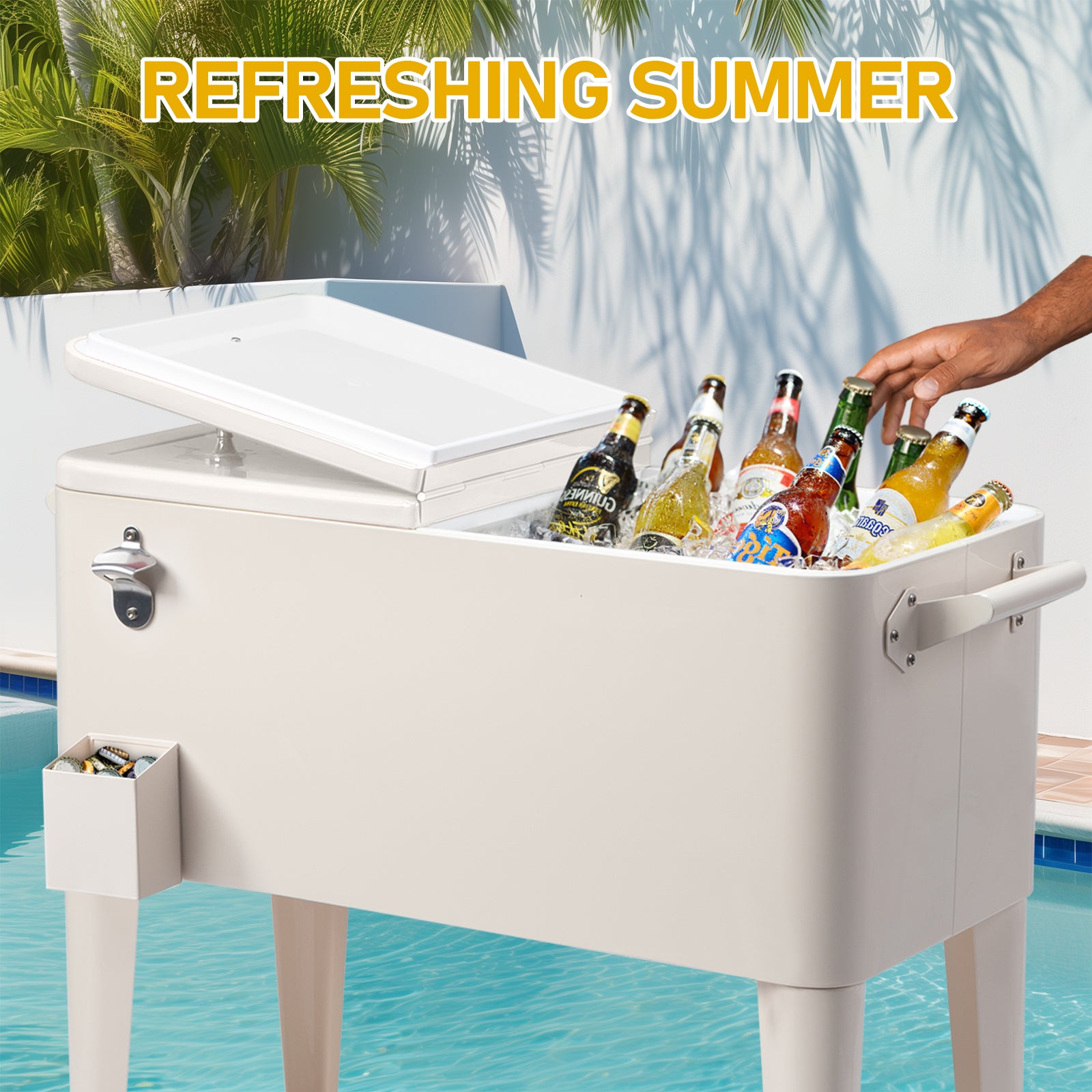 HAOYYE Milk White Rolling Cooler Cart Outdoor Beverage Tub with Bottle Opener Cap Catcher Insulated Ice Chest on Wheels Locking Casters for Patio Pool Party BBQ Camping