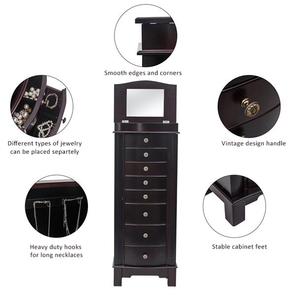 HAOYYE Jewelry Armoire with Mirror, 8 Drawers and 16 Necklace Hooks, 2 Side Swing Doors, Brown, Soft Cozy Warm Flannel Fleece Home Decor, Luxury Comfortable Unique Design, Premium Quality Decorative Storage Cabinet for Jewelry and Accessories