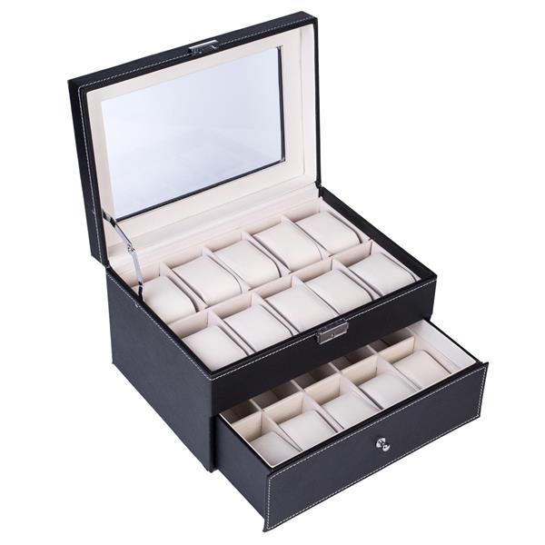 HAOYYE 20 Compartments Dual Layer Wooden Watch Box Black Elegant Storage Case with Soft Cozy Warm Flannel Fleece Interior Premium Quality Watch Organizer Luxury Comfortable Unique Design for Home Decor