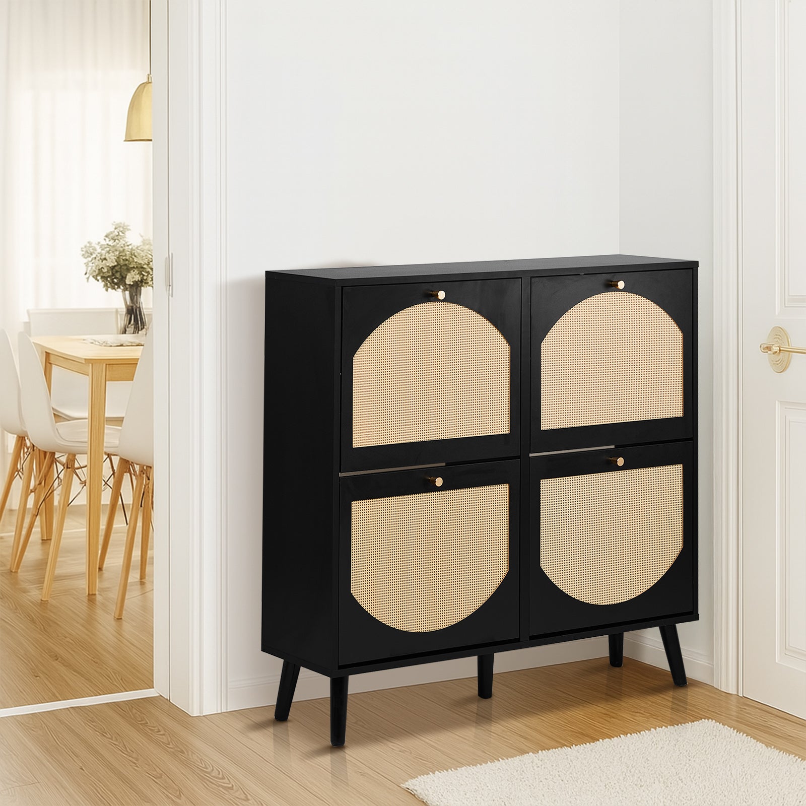 HAOYYE Rattan Shoe Cabinet with 2 Rows of 4 Flip Drawers, Arched High Legs, Black Metal Frame and Natural Wood-Look Panels, Modern Particle Board Storage Organizer for Entryway, Hallway, Bedroom