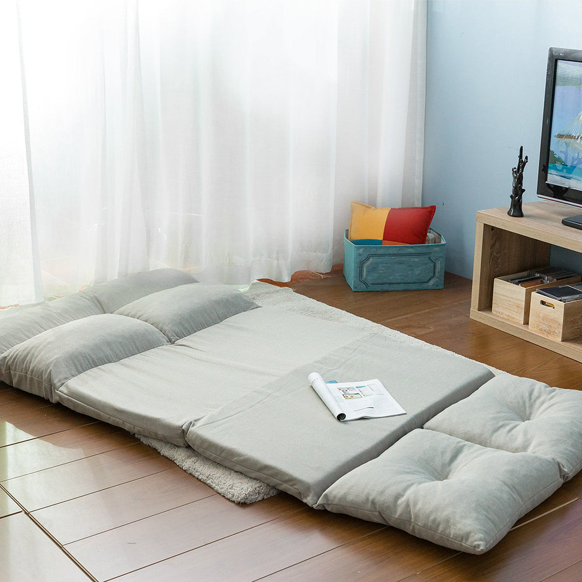 HAOYYE Fabric Folding Chaise Lounge Sofa Gray Comfortable Sturdy Durable Modern Design Space Saving Easy Assembly Stylish Versatile Home Furniture for Relaxing in Living Room, Bedroom, or Office