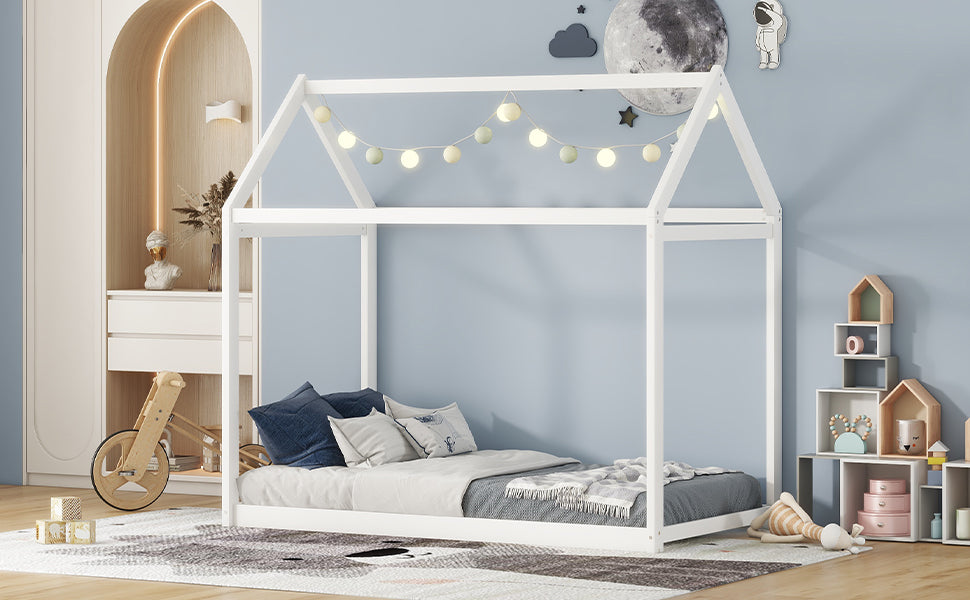 HAOYYE Twin Size Wooden House Bed, White Sturdy Space-Saving Heavy Duty Modern Design Adults Dorm Room Easy Assembly Bedroom Furniture
