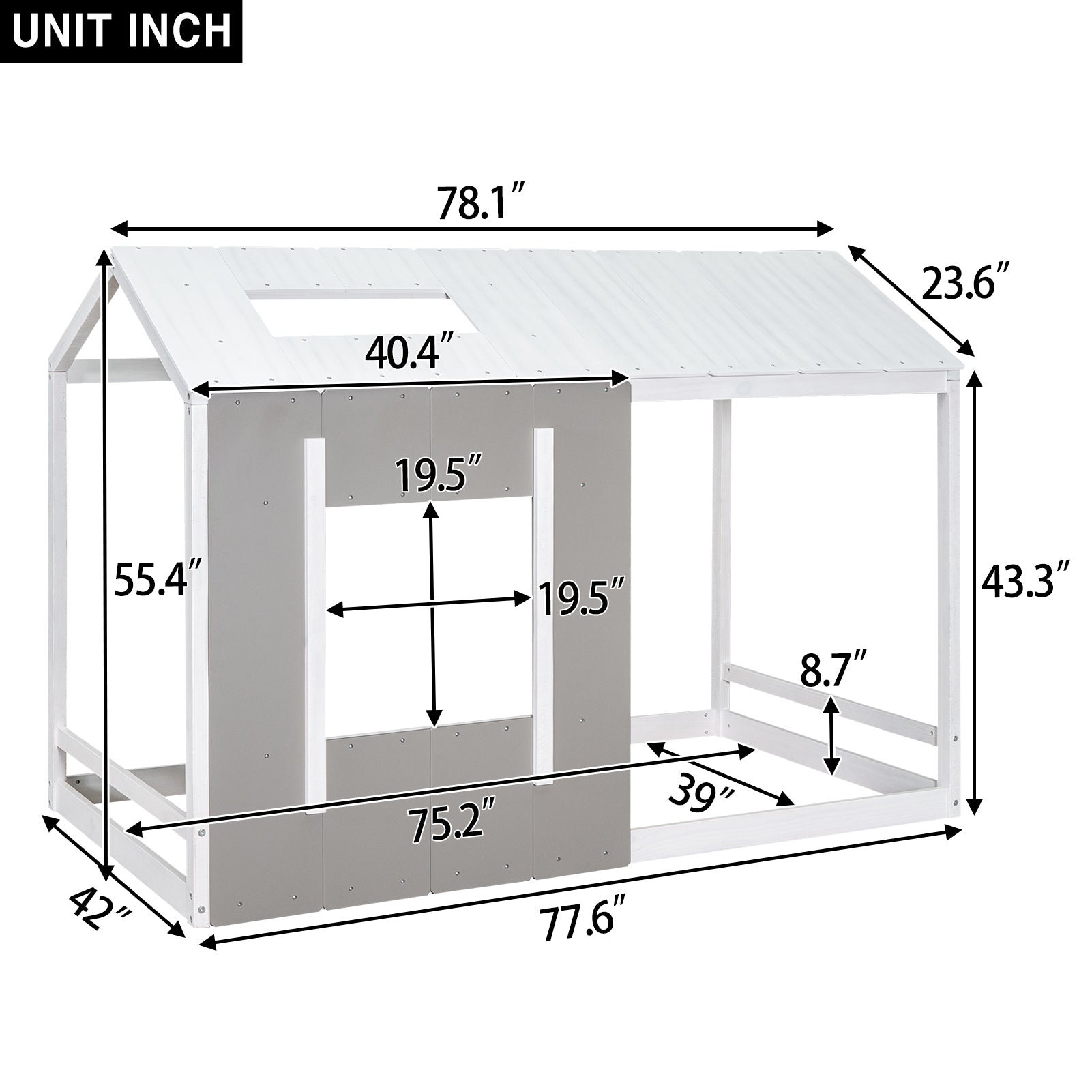 HAOYYE Twin Size House Platform with Roof and Window, White+Antique Grey(Old SKU: WF294130AAE) Sturdy Space-Saving Heavy Duty Modern Design Adults Dorm Room Easy Assembly Bedroom Furniture