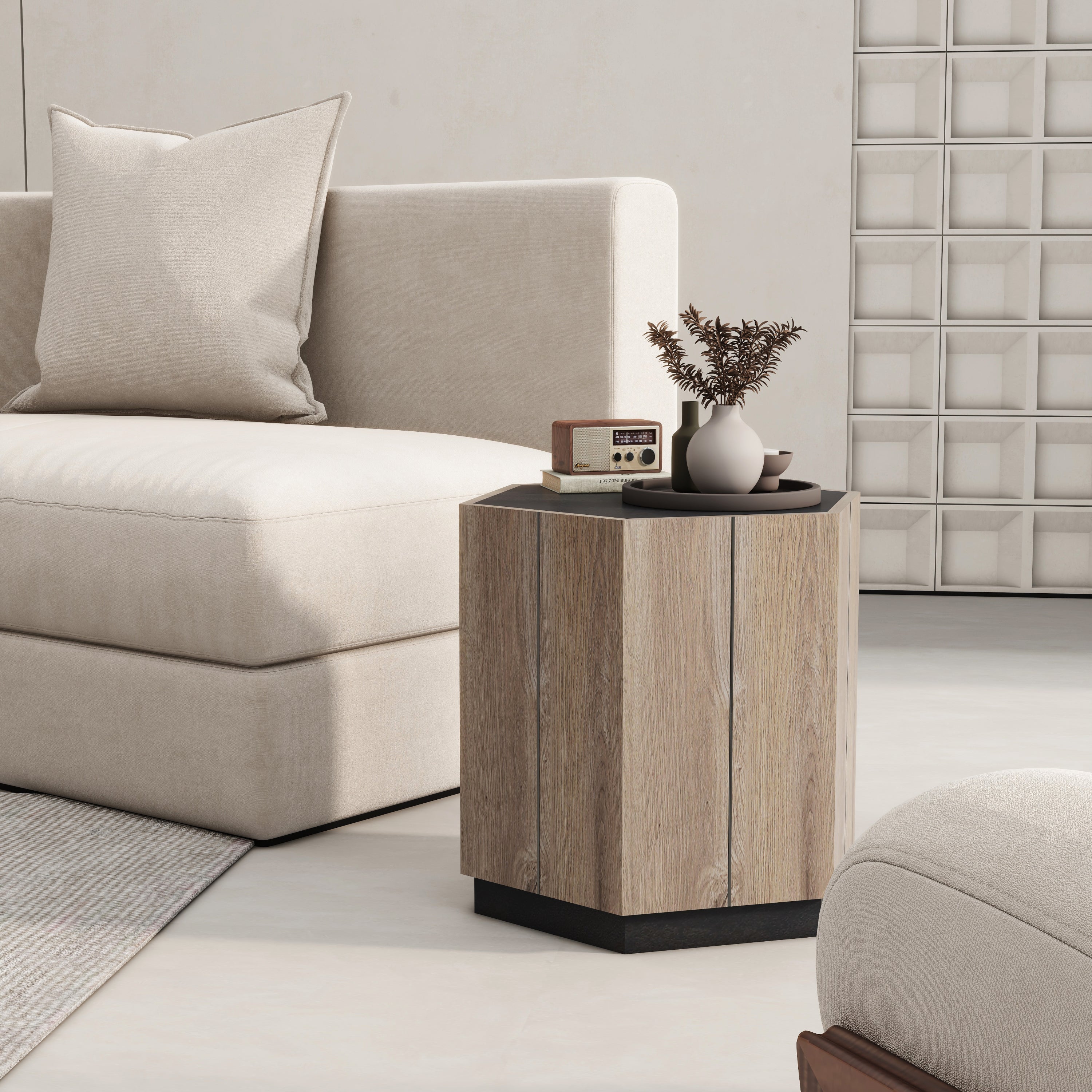 HAOYYE Hexagonal Rural-Style Side Table with Drawer, Textured Black and Warm Oak, Sturdy Space-Saving Design, Heavy Duty Construction, Modern Rustic Furniture for Living Room, Bedroom, or Corner Spaces
