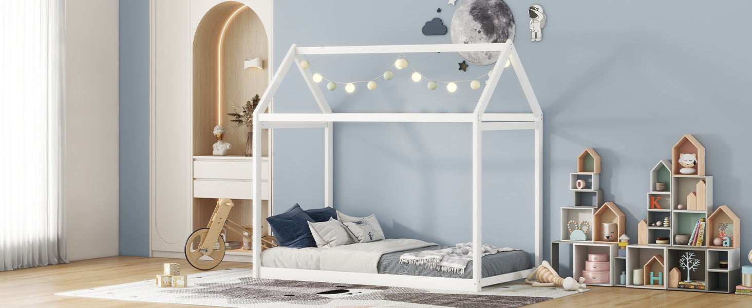 HAOYYE Twin Size Wooden House Bed, White Sturdy Space-Saving Heavy Duty Modern Design Adults Dorm Room Easy Assembly Bedroom Furniture