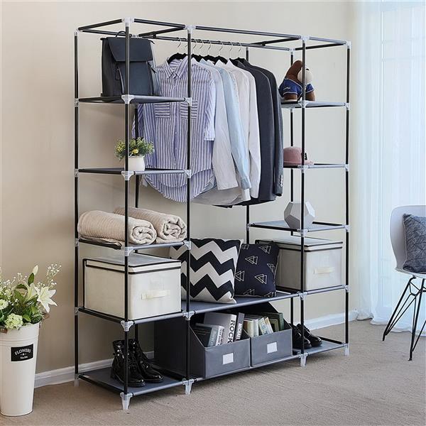 DE Direct HAOYYE Portable Clothes Closet Wardrobe Storage Organizer with Non-Woven Fabric Cover Strong Steel Frame and 12 Shelves Quick Easy Assembly Dustproof Freestanding Garment Rack for Bedroom Entryway
