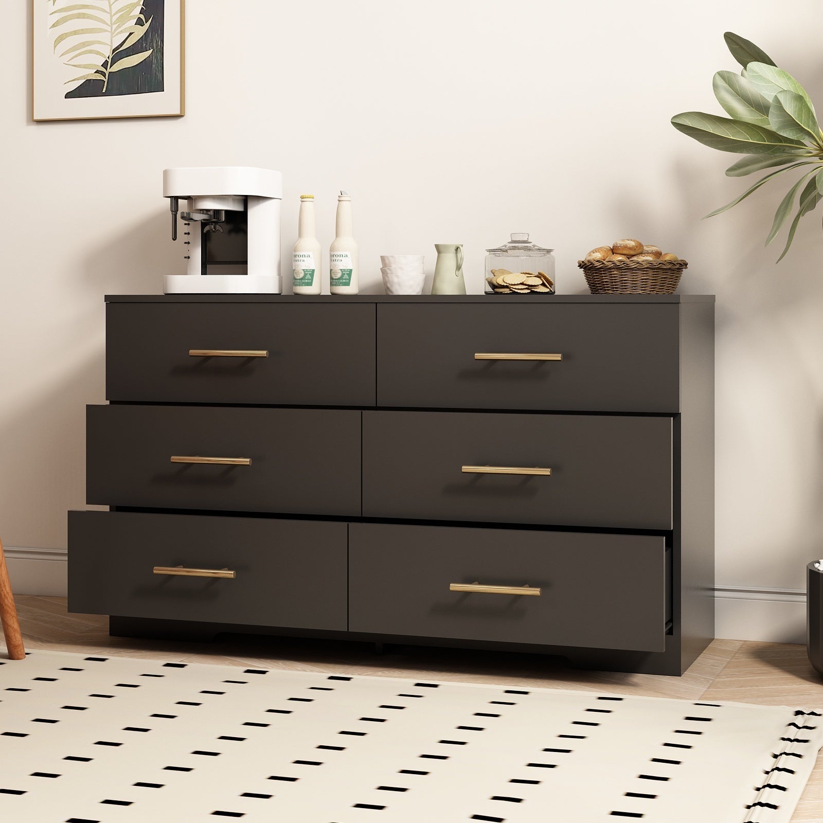 HAOYYE Black 6-Drawer Dresser Chest With Gold Handles, Modern Sturdy Space-Saving Heavy Duty Storage Cabinet For Bedrooms And Dorm Rooms, Easy Assembly