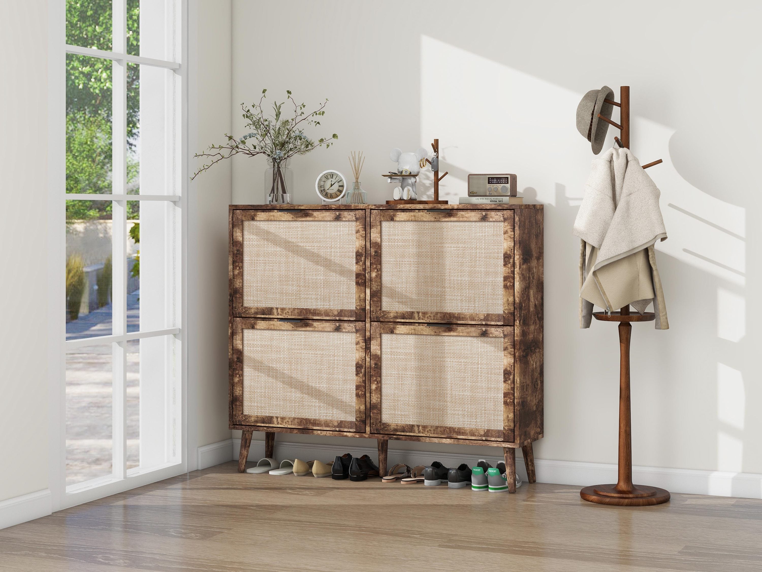 HAOYYE 4 Door Shoe Rack, Freestanding Modern Shoe Storage Cabinet, for Entryway Sturdy Space-Saving Heavy Duty Modern Design Easy Assembly Durable Stylish Home Furniture Versatile
