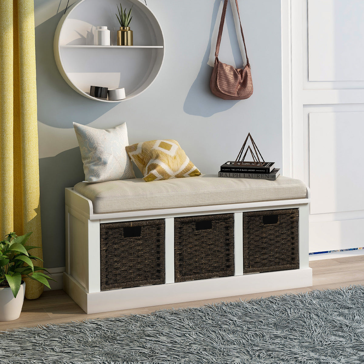 HAOYYE Rustic Storage Bench with 3 Removable Classic Rattan Basket , Entryway Bench Storage Bench with Removable Cushion (White) Sturdy Space-Saving Heavy Duty Modern Design Easy Assembly Durable
