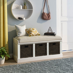 HAOYYE Rustic Storage Bench with 3 Removable Classic Rattan Basket , Entryway Bench Storage Bench with Removable Cushion (White) Sturdy Space-Saving Heavy Duty Modern Design Easy Assembly Durable