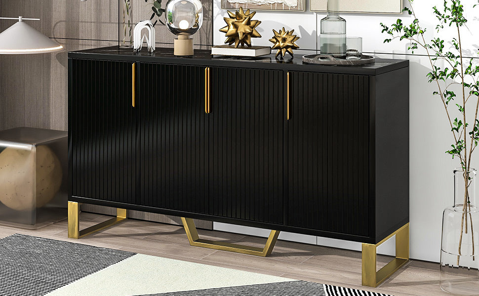 HAOYYE Modern Sideboard with Four Doors, Metal Handles and Legs, Adjustable Shelves, Stylish Storage Cabinet for Kitchen, Dining Room, Living Room, Black, Sturdy Space-Saving Heavy Duty Design, Ideal for Home and Apartment, Easy Assembly
