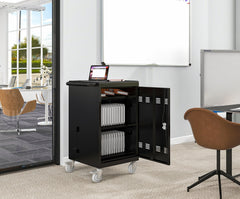 HAOYYE Mobile Charging Cart Station for 30+ Devices, Compatible with Chromebook, Tablet, and Laptop Computers, Includes Power Strip, Assembly Required, Black, Heavy Duty, Space-Saving, Modern Design, Easy Assembly