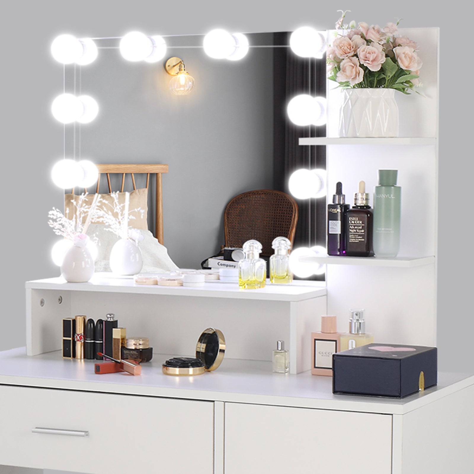 HAOYYE Large Vanity Set with LED Bulbs Makeup Table, Cushioned Stool, Multiple Storage Shelves, Drawer and Cabinet, Elegant Dressing Table Desk for Bedroom and Personal Use