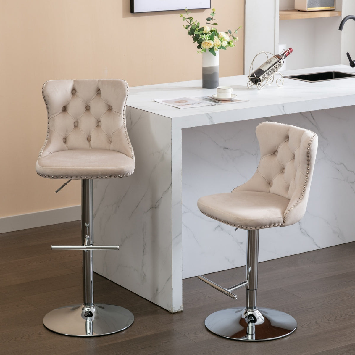HAOYYE Swivel Velvet Barstools, Adjustable Seat Height 25-33 Inch, Modern Upholstered Chrome Base Bar Stools with Tufted Backs, Comfortable Set of 2 for Home, Pub, Kitchen Island, Beige, Sturdy Design