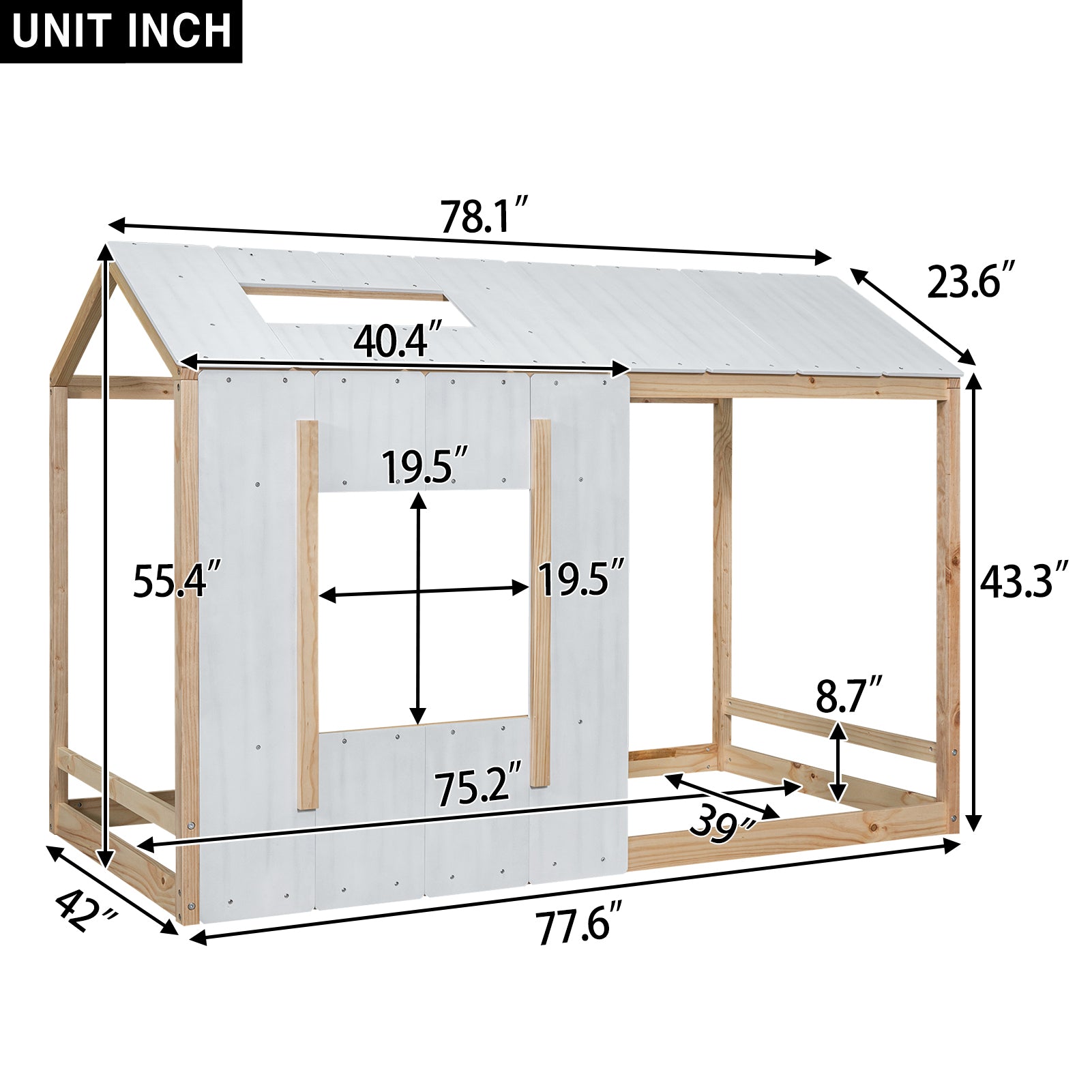 HAOYYE Twin Size House Platform with Roof and Window , White+Natural Sturdy Space-Saving Heavy Duty Modern Design Easy Assembly Durable Stylish Home Furniture Versatile