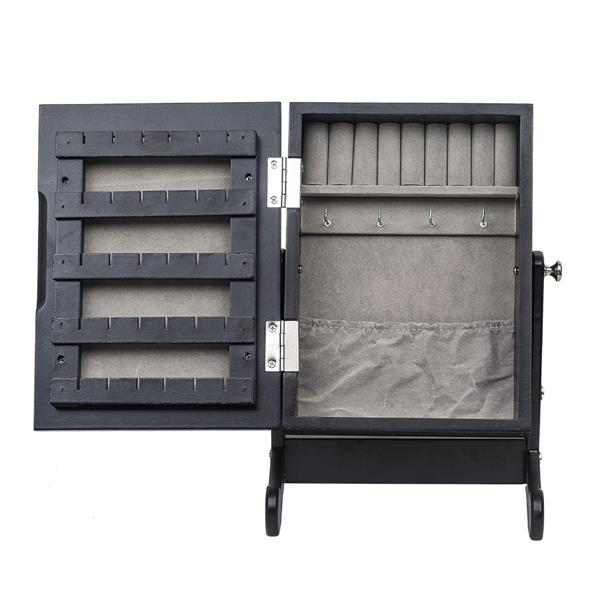 HAOYYE Small Black Mirror Jewelry Cabinet Organizer Armoire with Stand Countertop Storage Box for Rings Necklaces Earrings Makeup and Accessories Compact and Stylish Space-Saving Design for Bedroom or Vanity Table