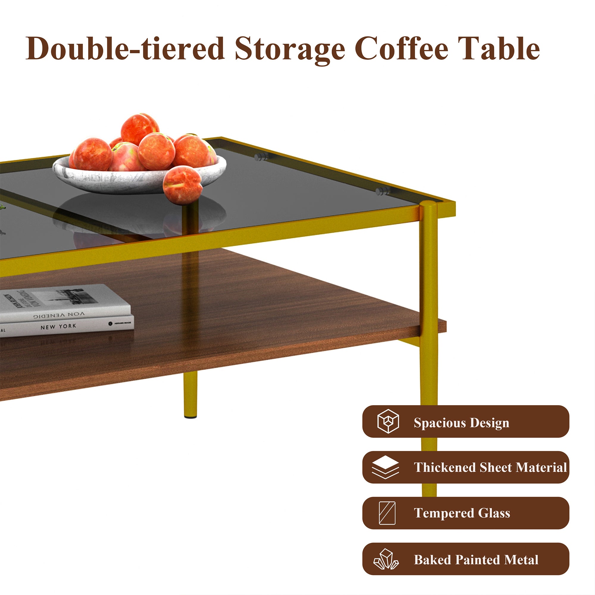HAOYYE Rectangle Coffee Table with Gray Tempered Glass top and Golden Legs, Modern Table for Living Room Sturdy Space-Saving Heavy Duty Modern Design Adults Dorm Room Easy Assembly Bedroom Furniture