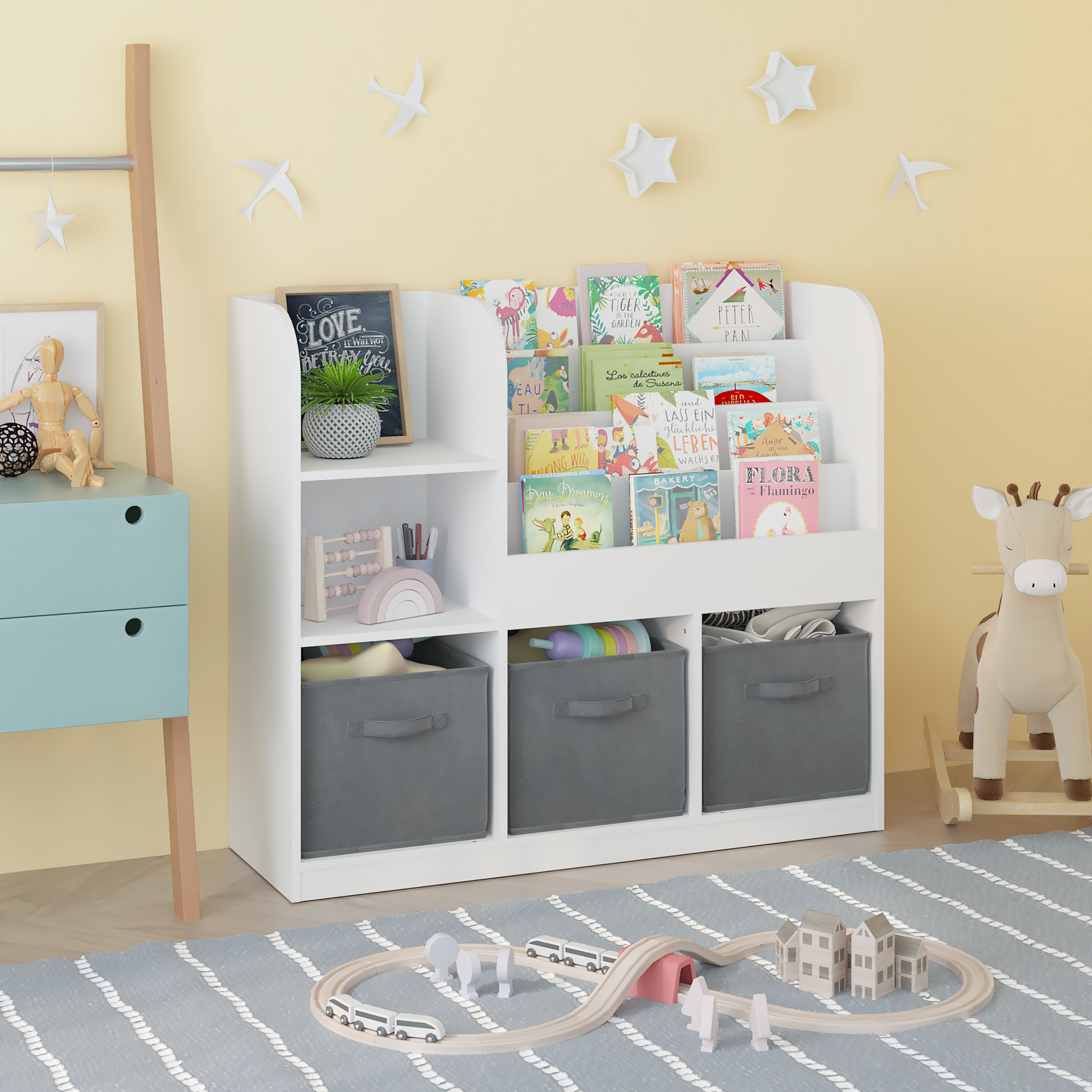 HAOYYE Bookcase and Bookshelf, Multifunctional Display Stand With 3 Collapsible Fabric Drawers, Toy Storage Organizer for Bedroom, Playroom, or Hallway, White/Gray, Sturdy Space-Saving Design