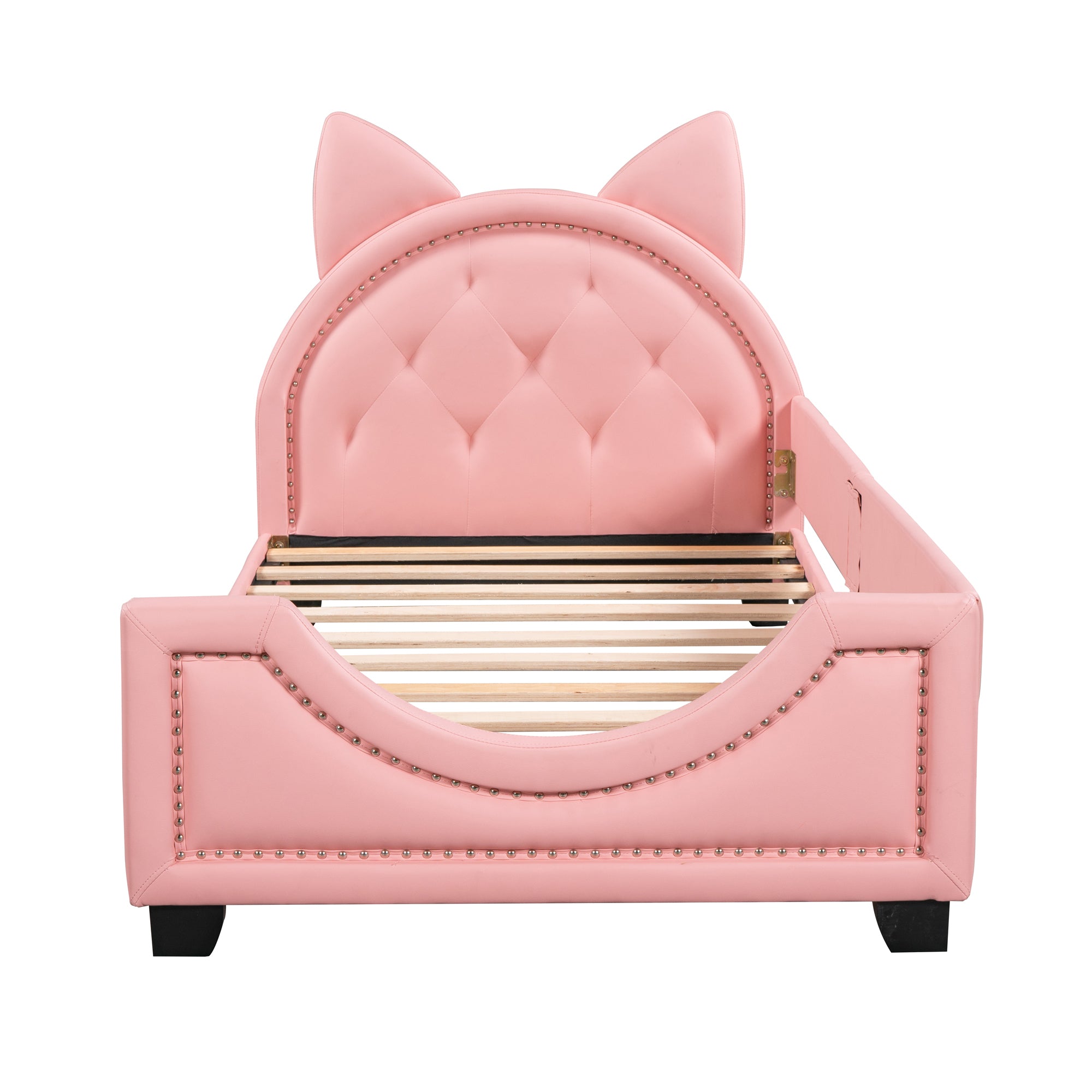 HAOYYE Twin Size Upholstered Daybed with Carton Ears Shaped Headboard, Pink Sturdy Space-Saving Heavy Duty Modern Design Adults Dorm Room Easy Assembly Bedroom Furniture