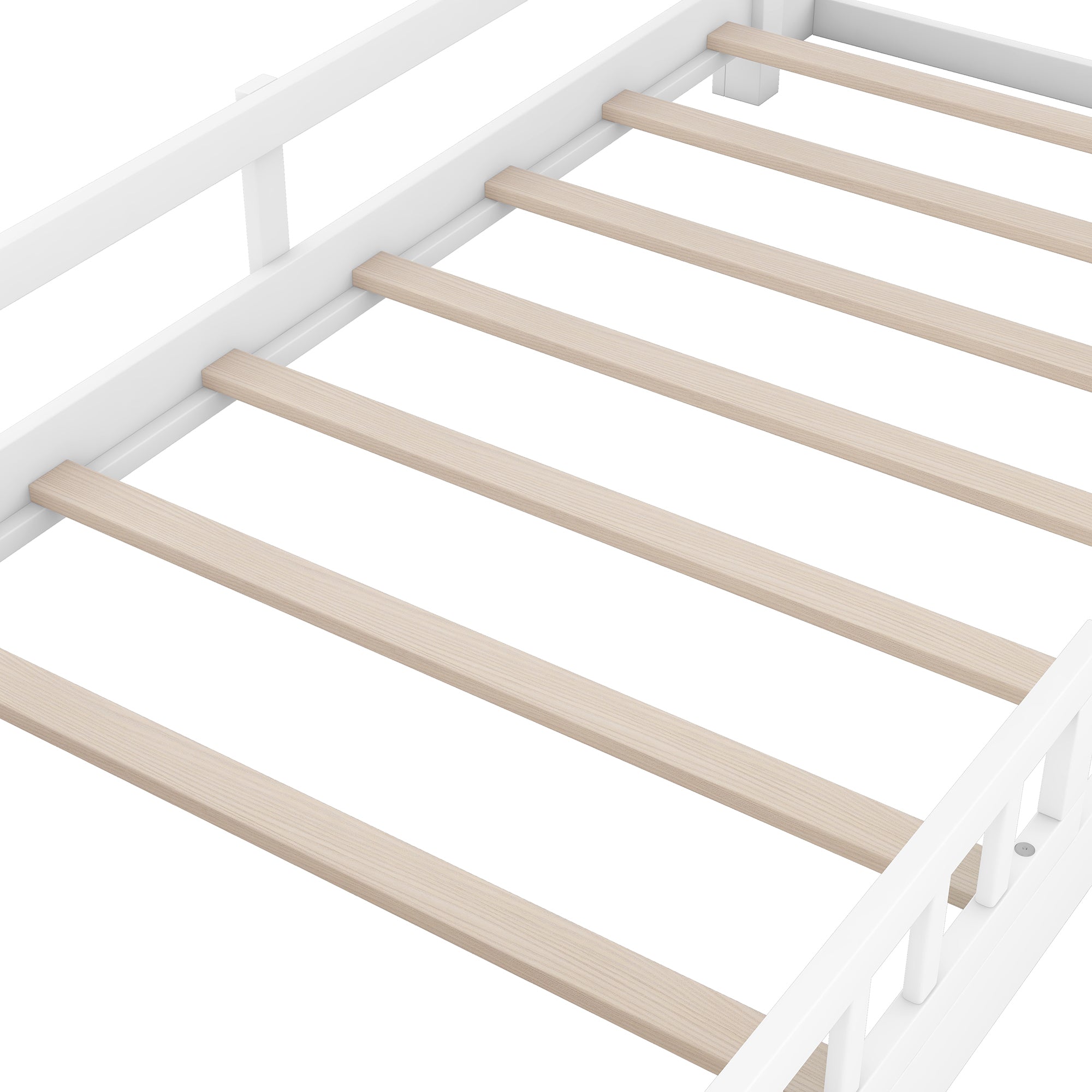 HAOYYE Wood Twin Size Platform Bed with Built-in LED Light, Storage Headboard and Guardrail, White Sturdy Space-Saving Heavy Duty Modern Design Adults Dorm Room Easy Assembly Bedroom Furniture