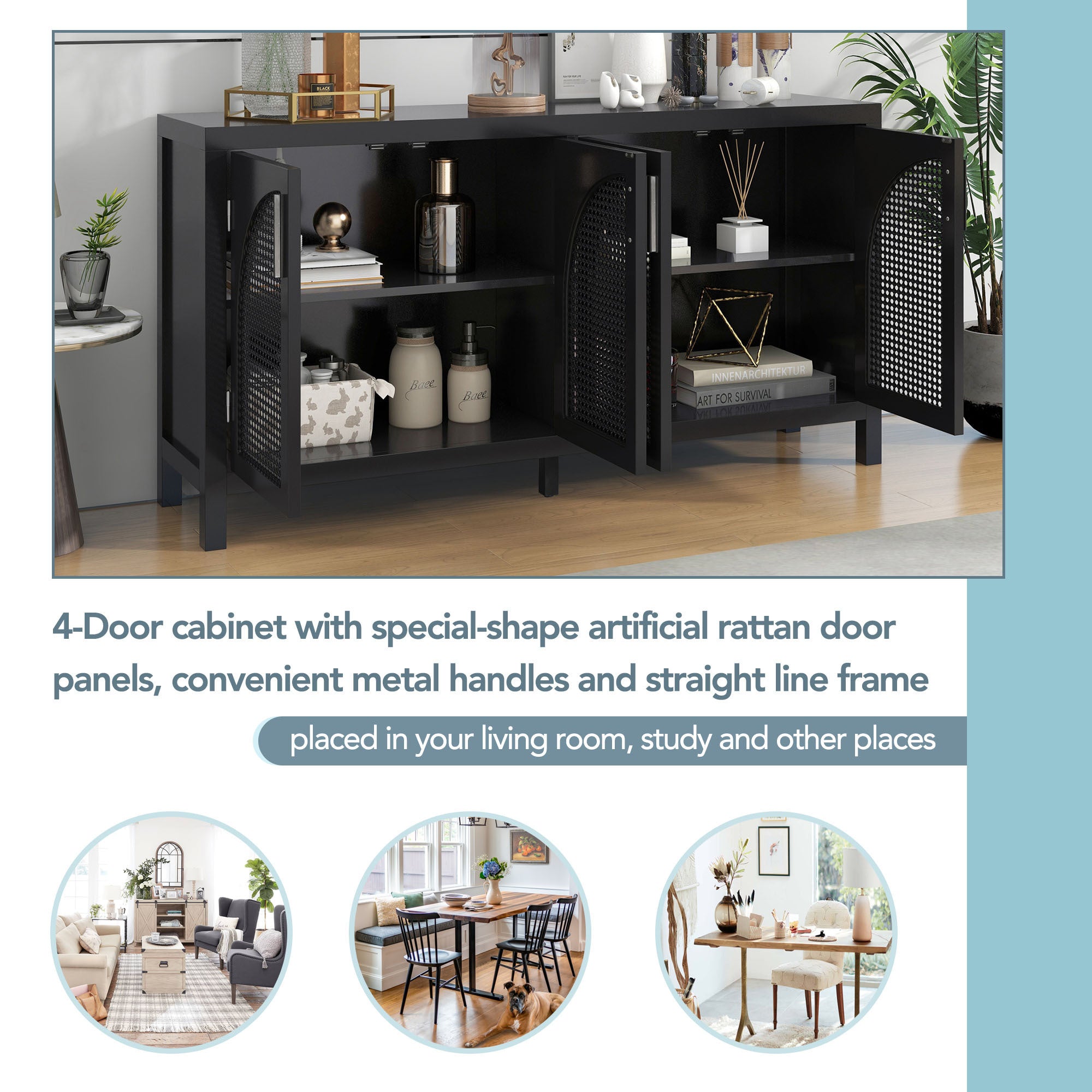 HAOYYE Large Storage Space Sideboard with Artificial Rattan Door and Metal Handles for Living Room and Entryway (Black) Sturdy Space-Saving Heavy Duty Modern Design Adults Dorm Room Easy Assembly